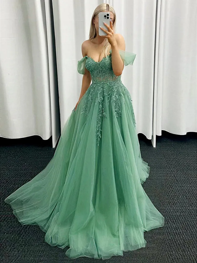 A-Line Off Shoulder Tulle Lace Green Long Prom Dress, Green Lace Long Formal Dress