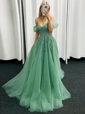 A-Line Off Shoulder Tulle Lace Green Long Prom Dress, Green Lace Long Formal Dress