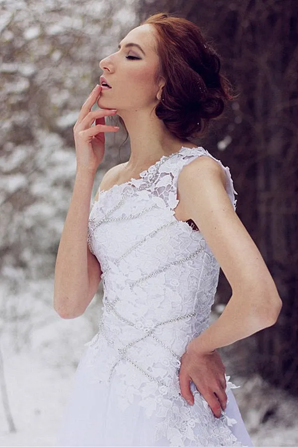 A-line One-shoulder Knee Length Tulle Lace Applique Prom Dress