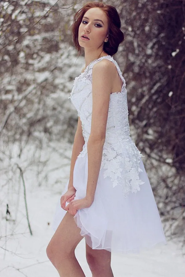 A-line One-shoulder Knee Length Tulle Lace Applique Prom Dress