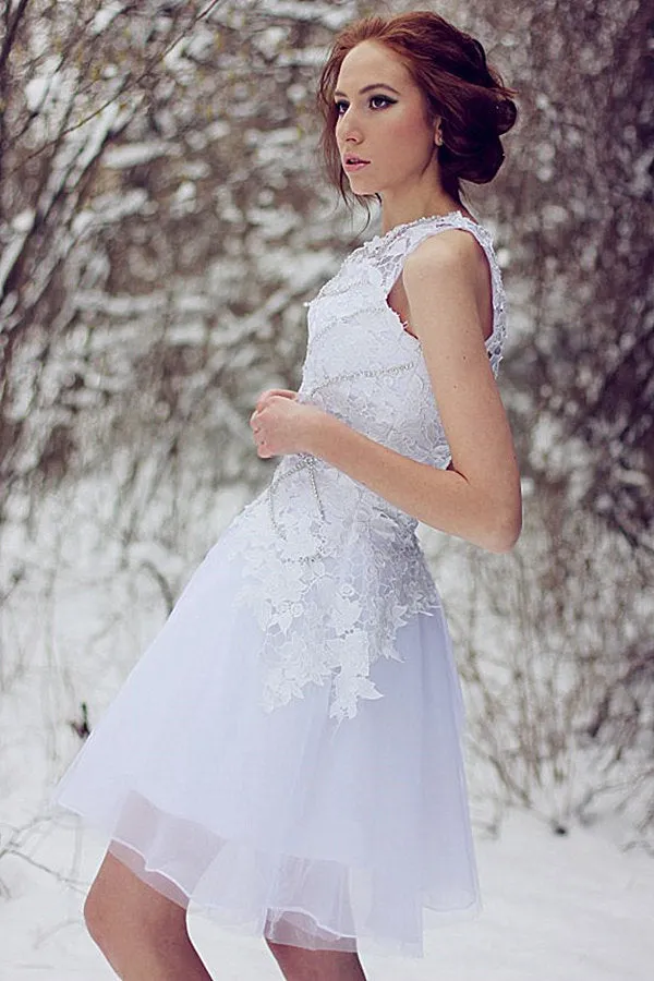 A-line One-shoulder Knee Length Tulle Lace Applique Prom Dress