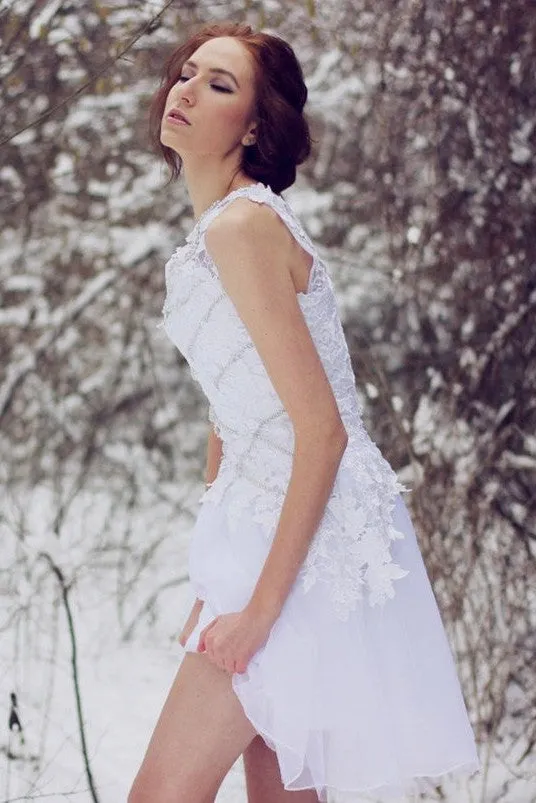 A-line One-shoulder Knee Length Tulle Lace Applique Prom Dress