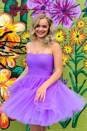 A-line Strapless Lilac Purple Tulle Short Homecoming Dress Graduation Dress OK1518