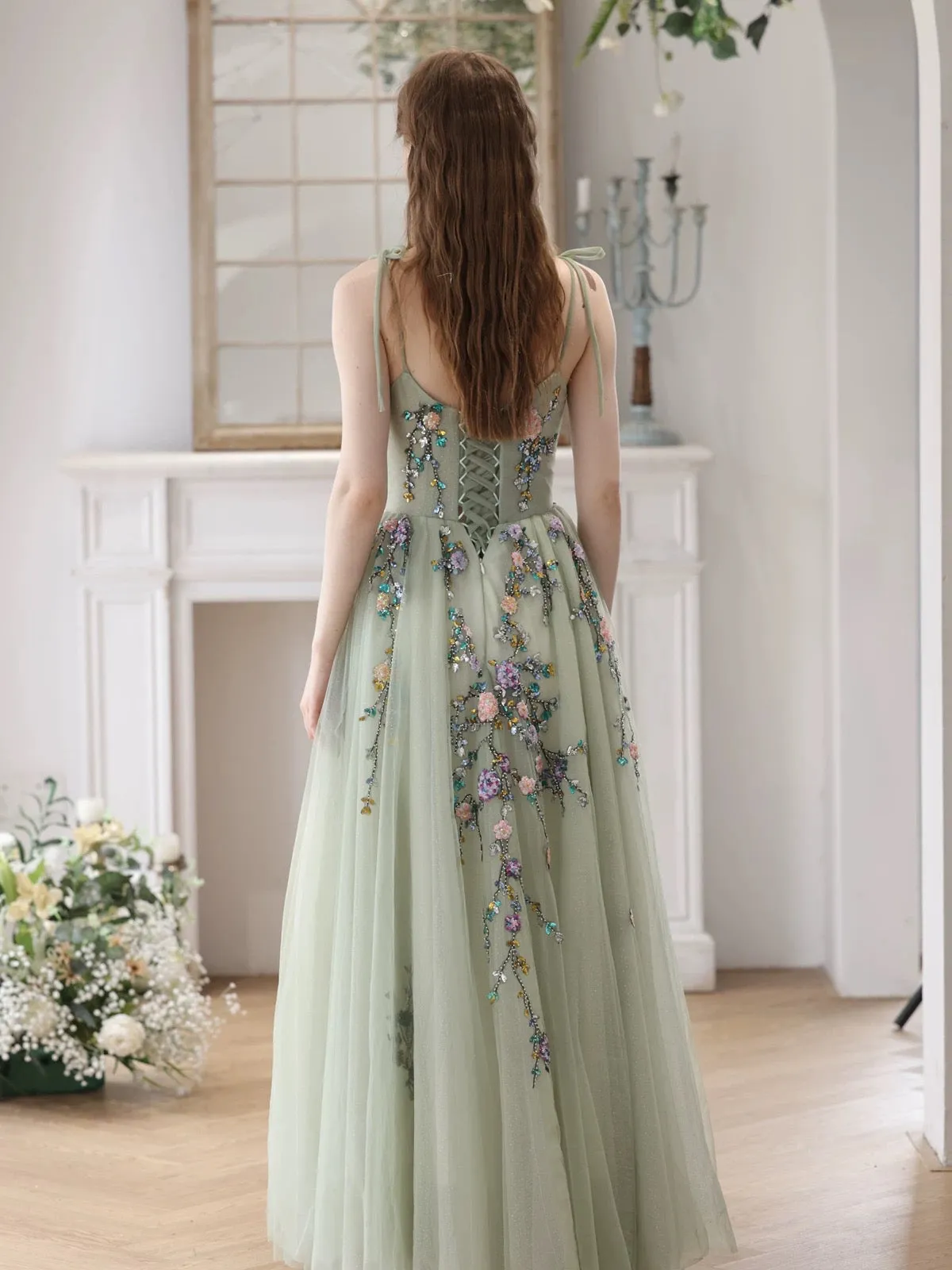 A-Line Tulle Lace Green Long Prom Dress, Green Long Formal Dress