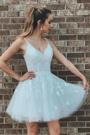 A-line V Neck Tulle Lace Appliques Short Homecoming Dress School Event Dress OKZ722