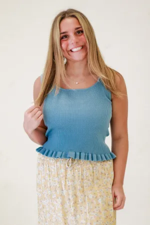 Alora Lettuce Hem Sweater Knit Top in Chambray