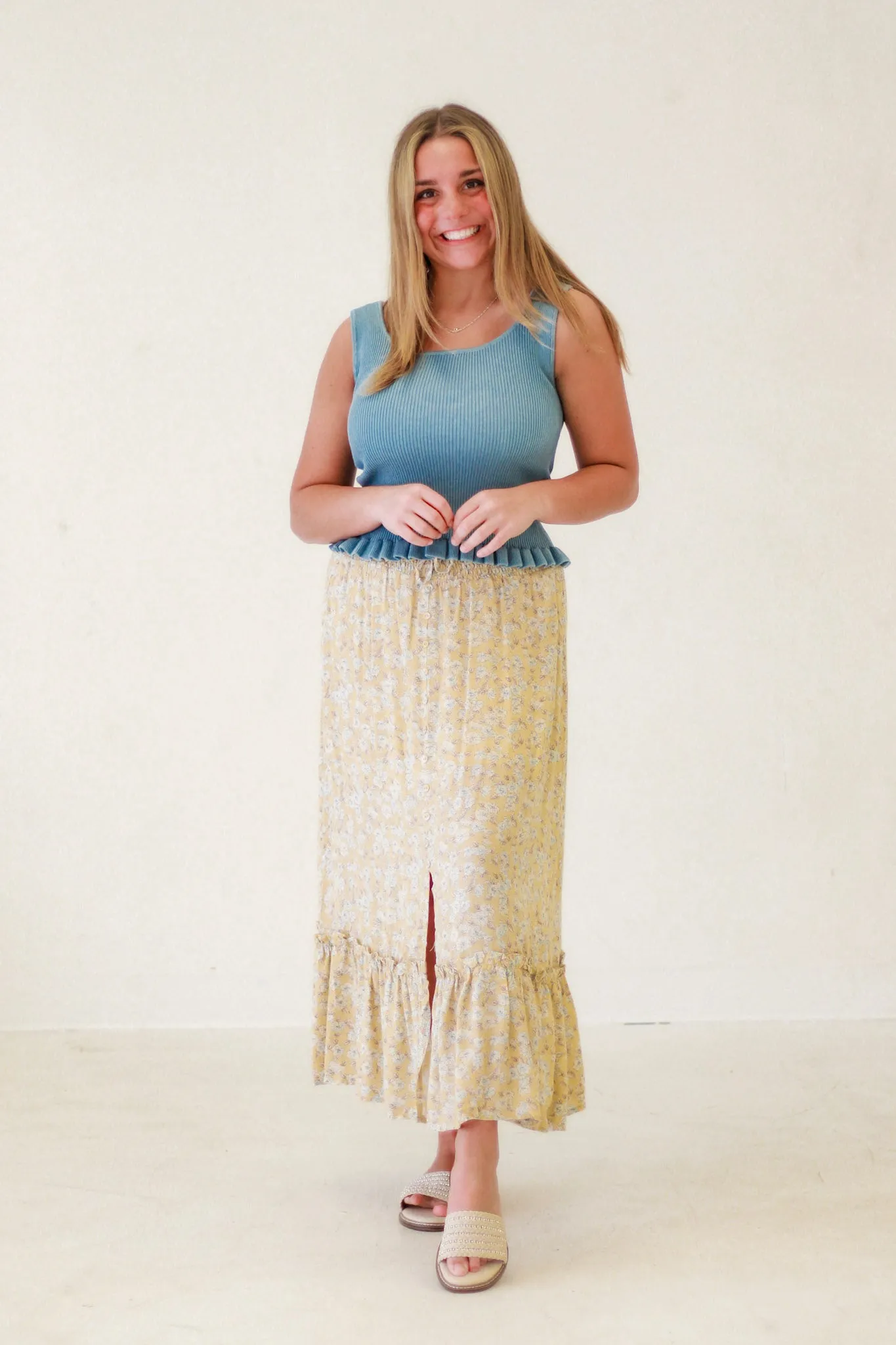 Alora Lettuce Hem Sweater Knit Top in Chambray