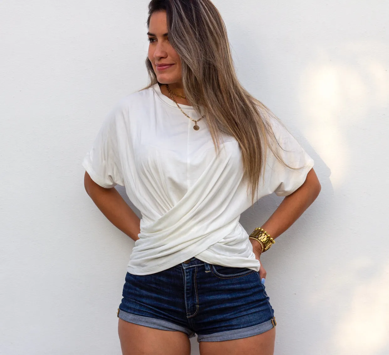 Basic Crossed Knit White Tee