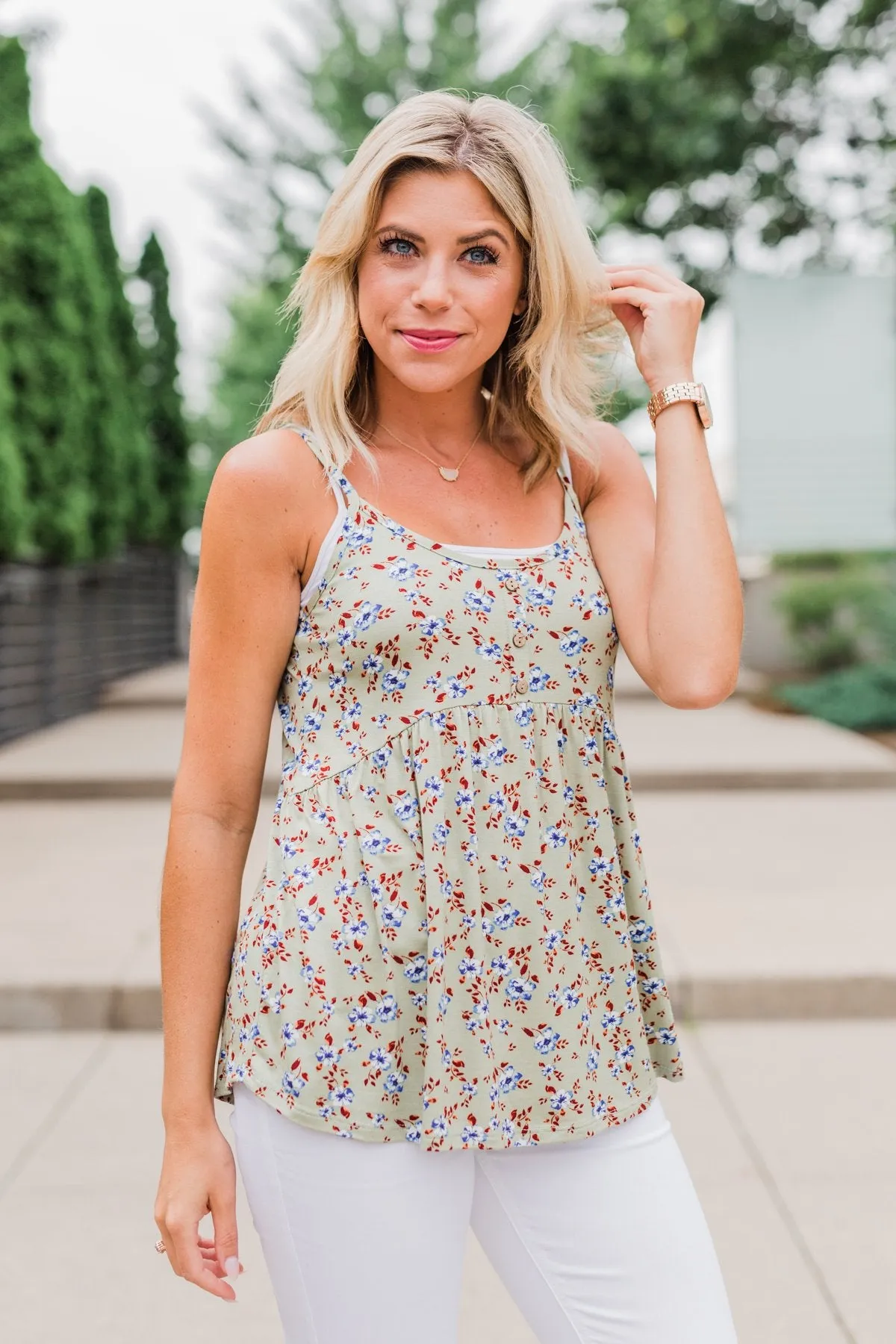 Be My Baby 3 Button Floral Babydoll Tank Top- Sage