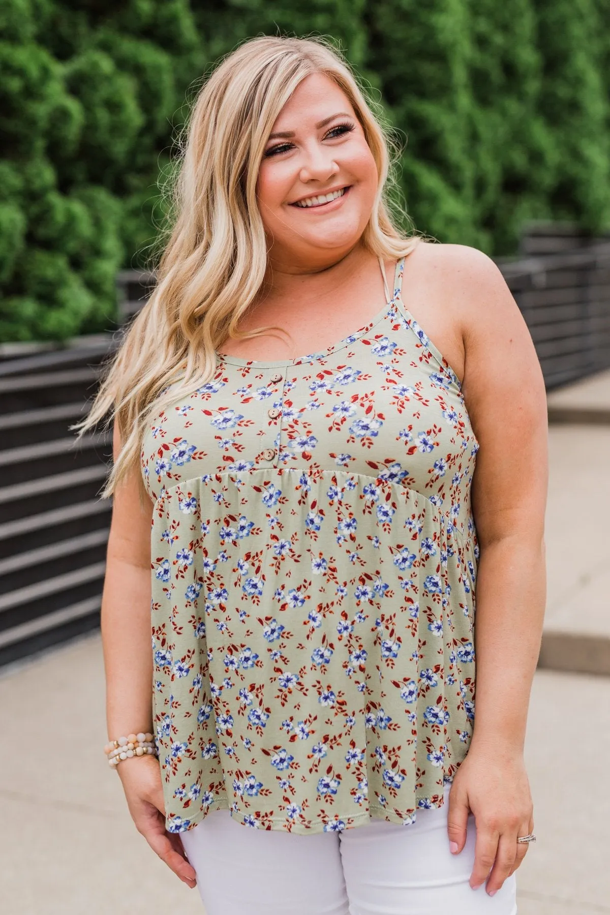 Be My Baby 3 Button Floral Babydoll Tank Top- Sage