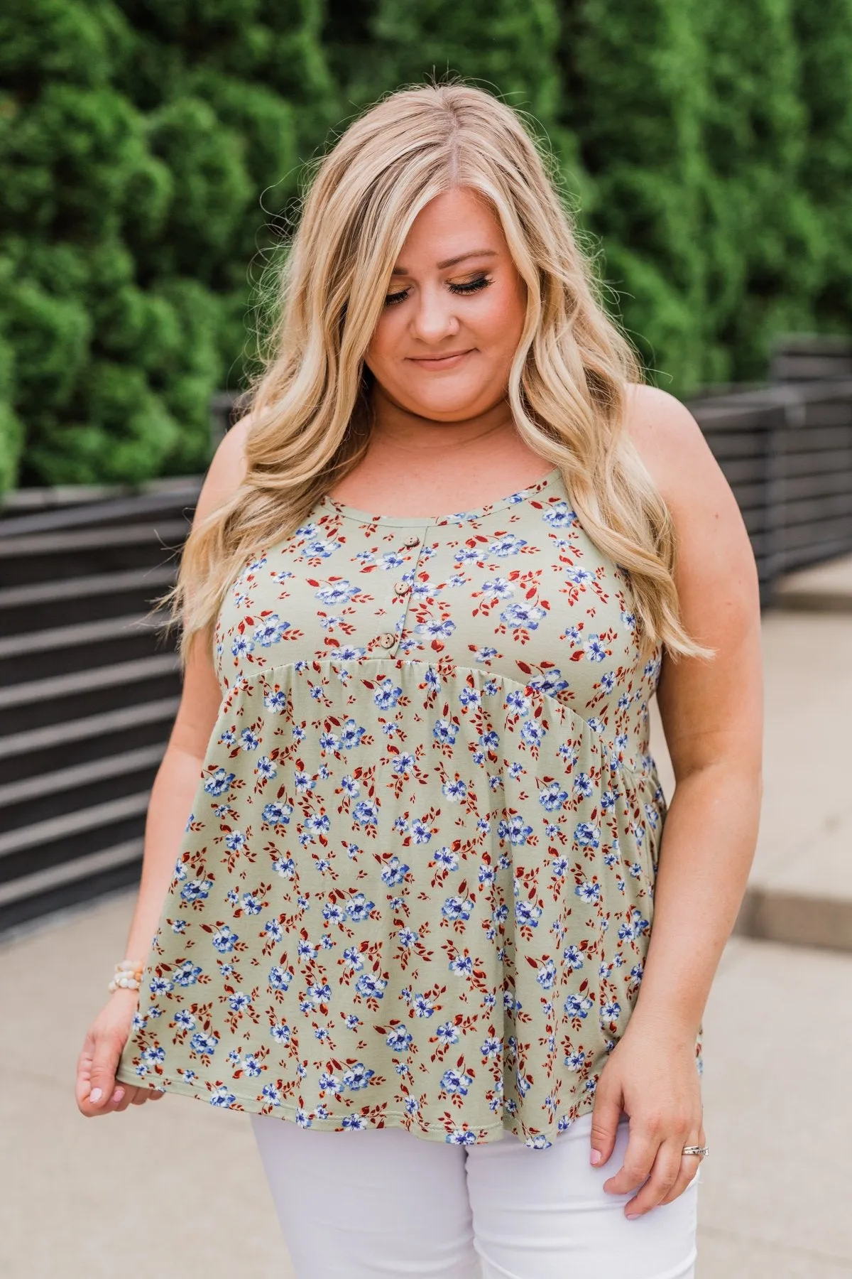 Be My Baby 3 Button Floral Babydoll Tank Top- Sage