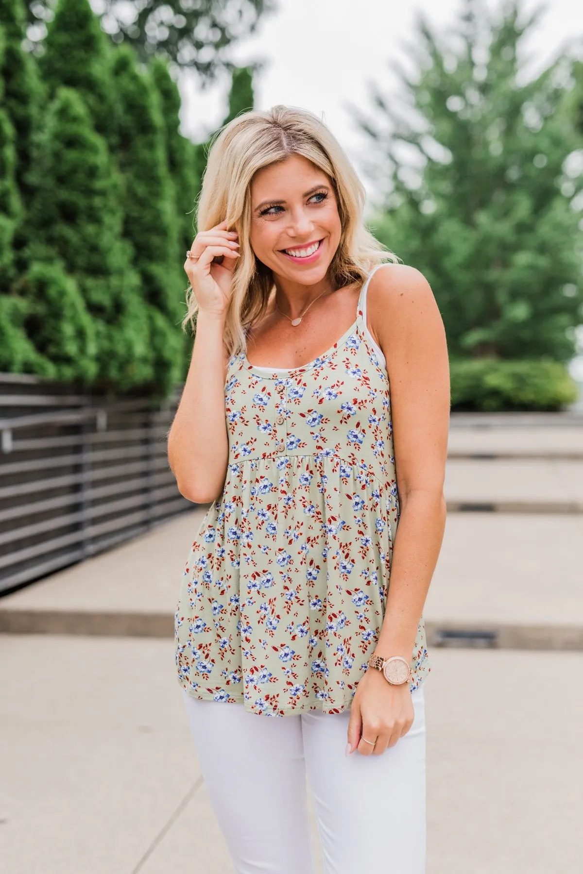 Be My Baby 3 Button Floral Babydoll Tank Top- Sage
