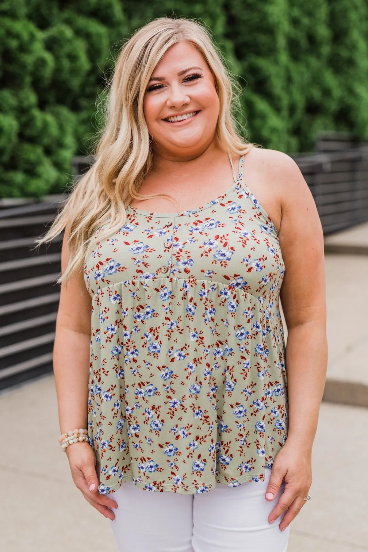 Be My Baby 3 Button Floral Babydoll Tank Top- Sage