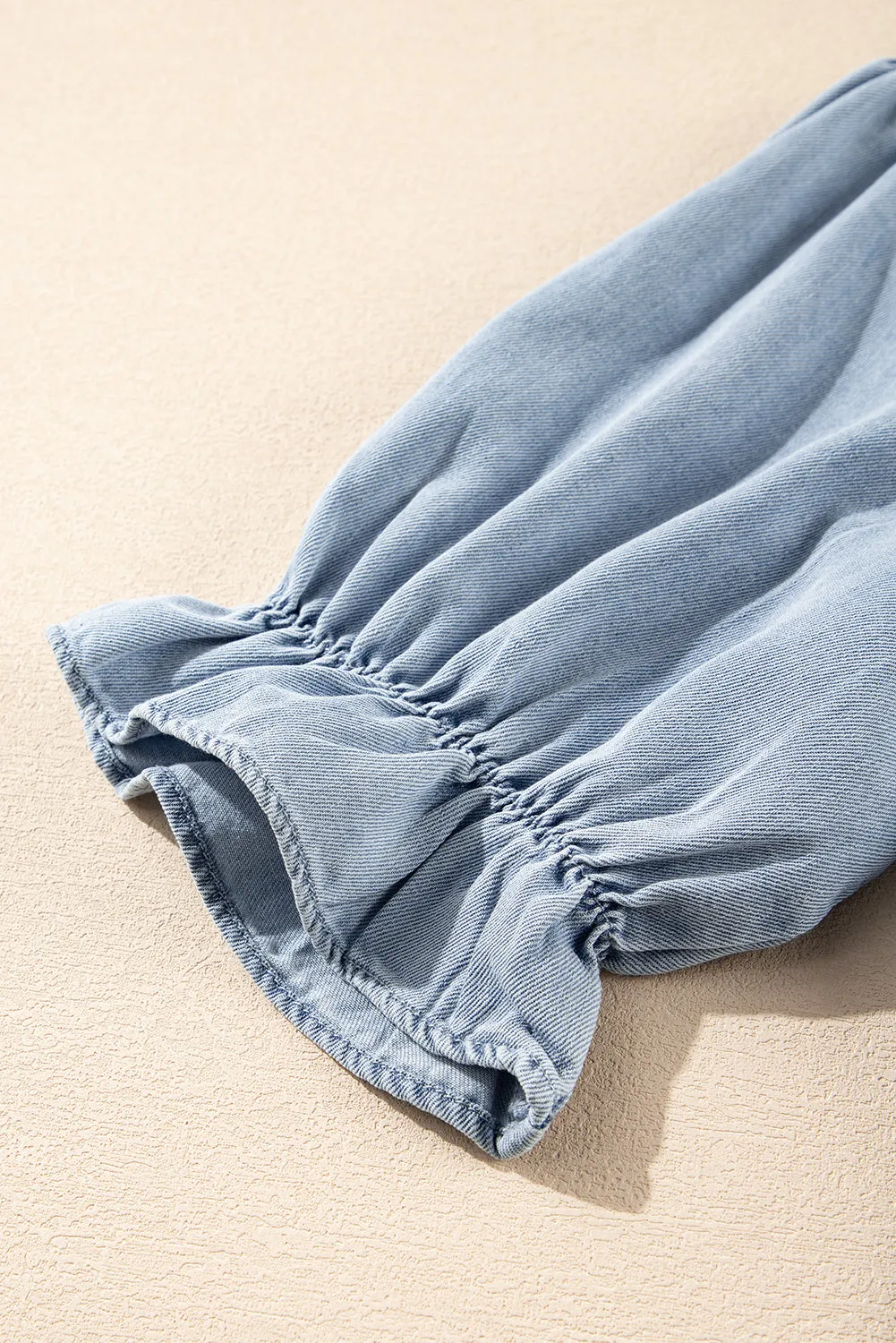Beau Blue Ruffle Short Puff Sleeve Summer Chambray Shirt