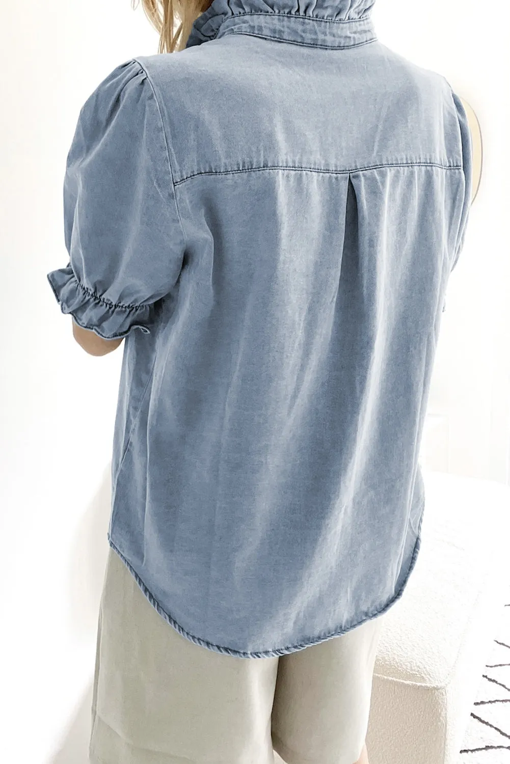 Beau Blue Ruffle Short Puff Sleeve Summer Chambray Shirt