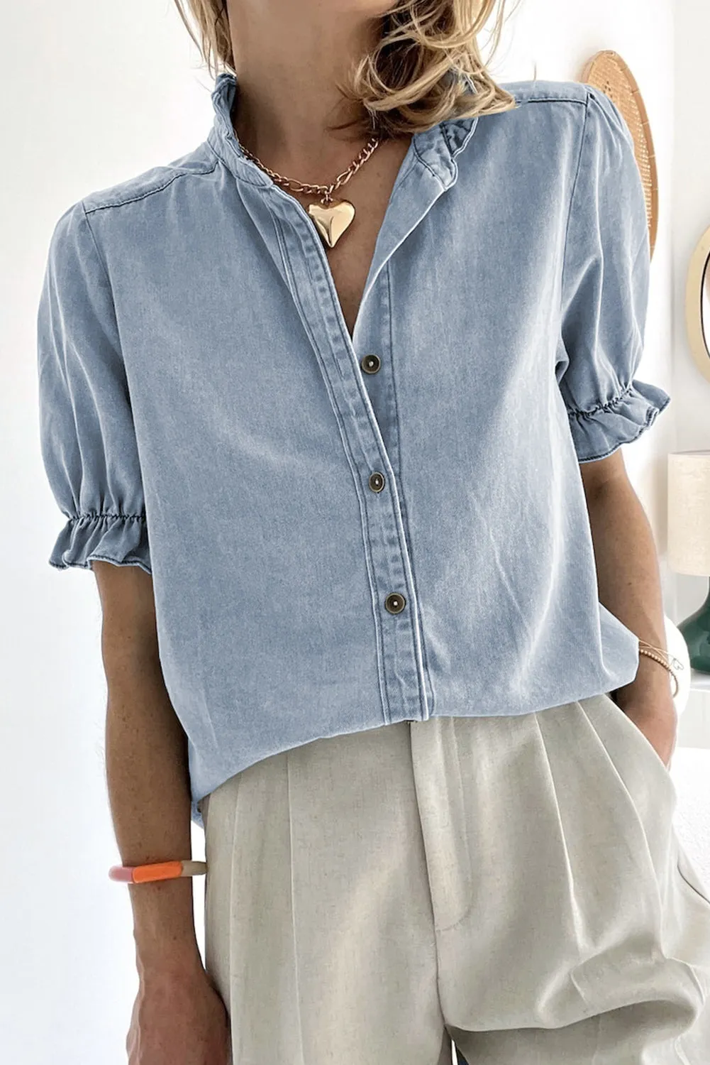 Beau Blue Ruffle Short Puff Sleeve Summer Chambray Shirt