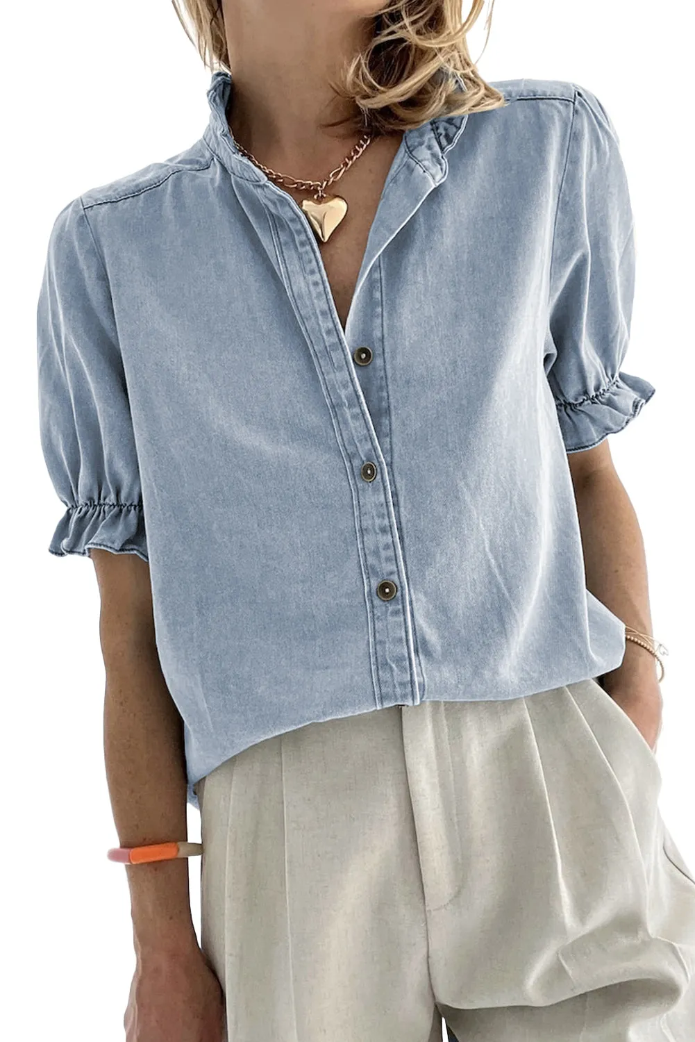 Beau Blue Ruffle Short Puff Sleeve Summer Chambray Shirt