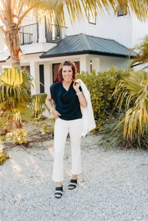 Black Short Sleeve Blouse with Draped Neckline