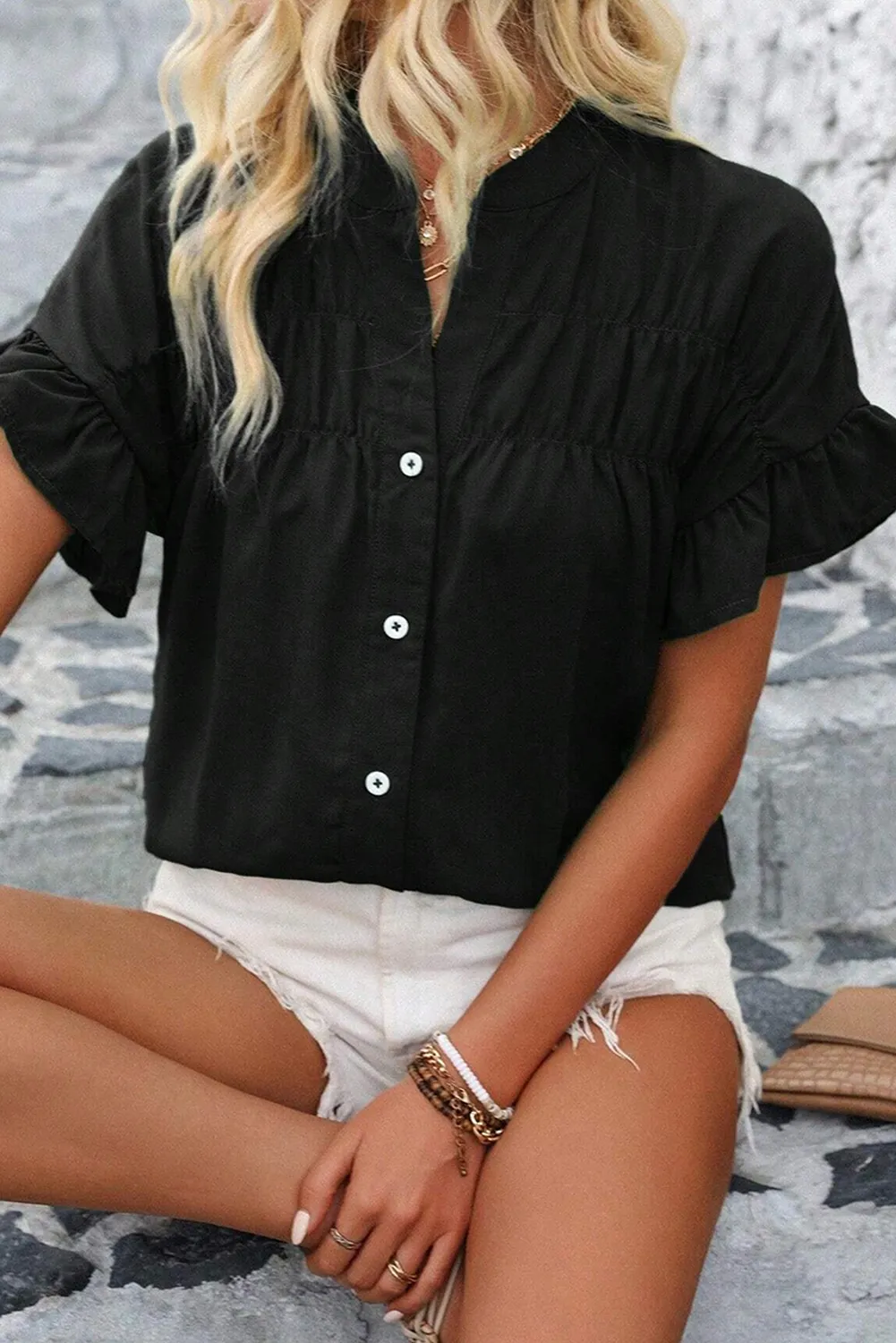 Black Solid Color Ruffle Ruched Short Sleeve Buttoned Shirt