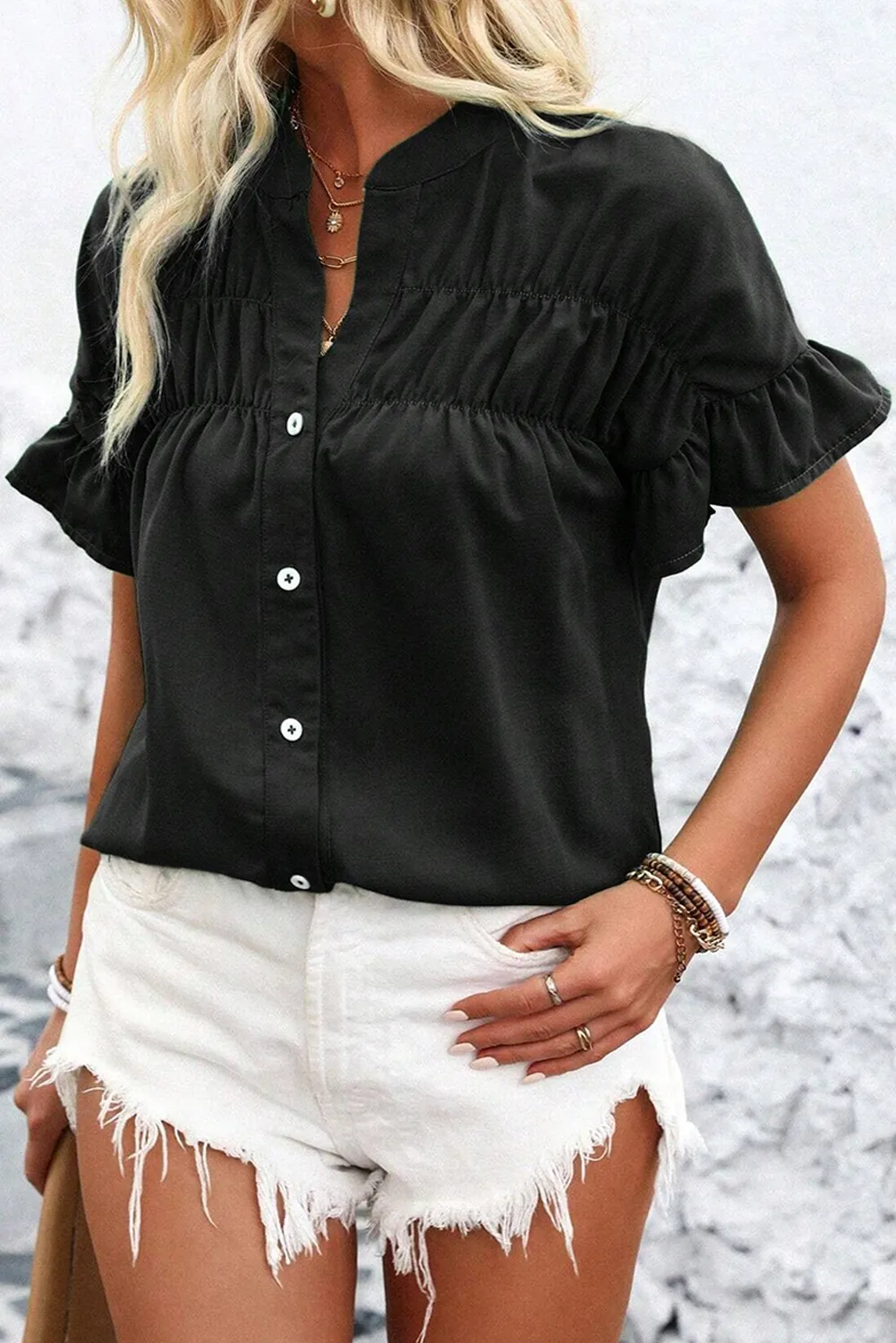 Black Solid Color Ruffle Ruched Short Sleeve Buttoned Shirt