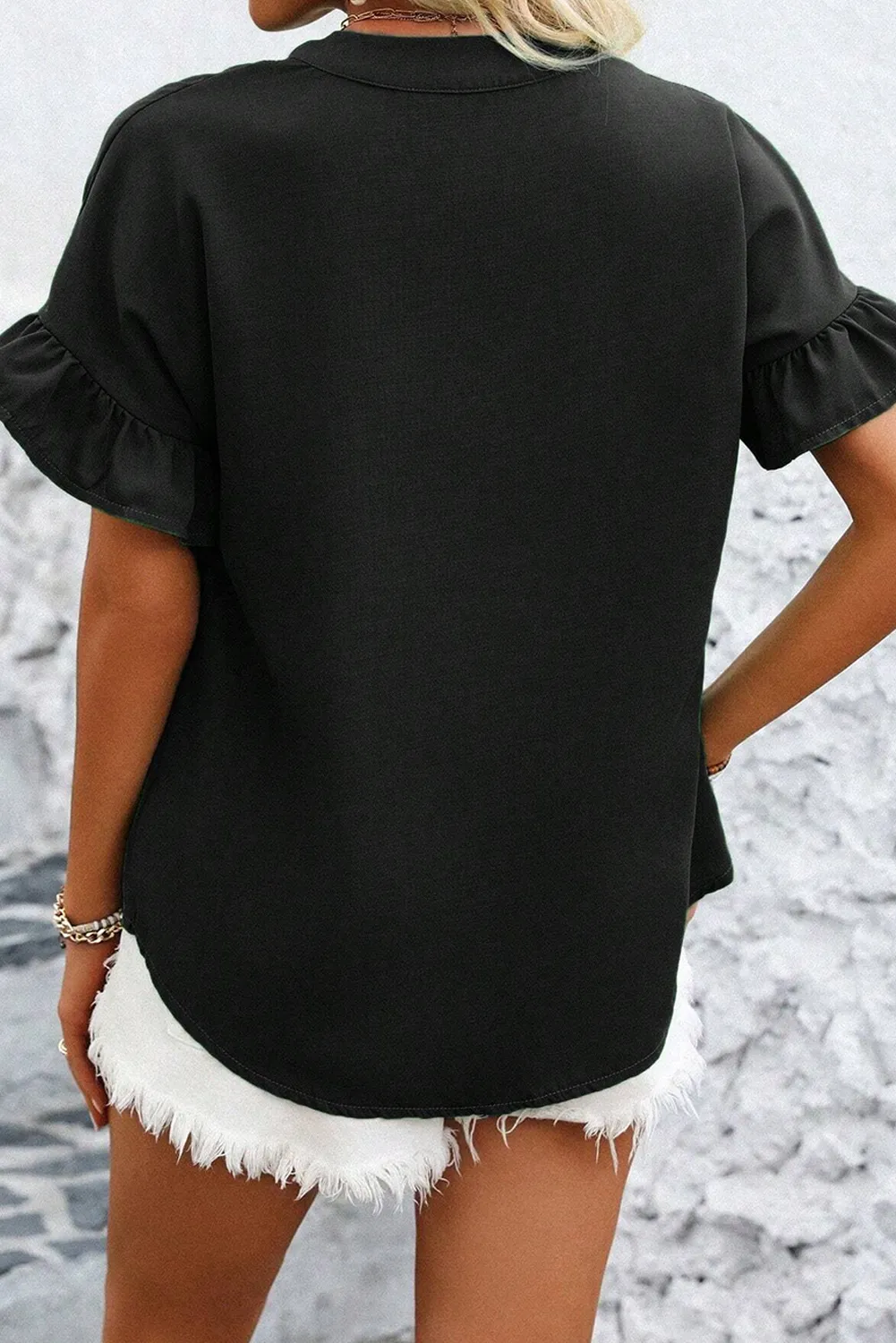 Black Solid Color Ruffle Ruched Short Sleeve Buttoned Shirt