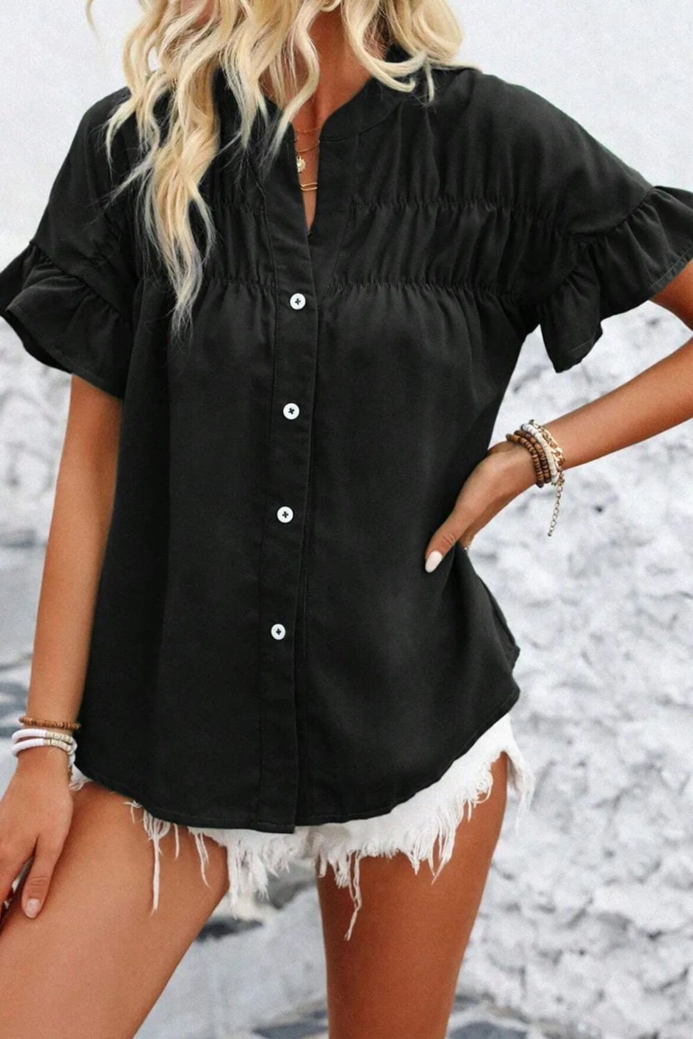 Black Solid Color Ruffle Ruched Short Sleeve Buttoned Shirt