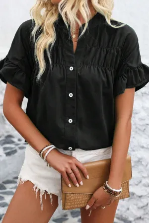 Black Solid Color Ruffle Ruched Short Sleeve Buttoned Shirt