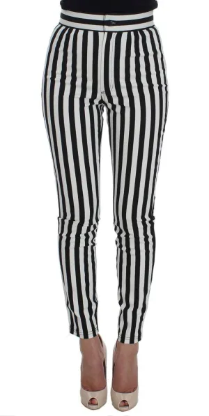 Black White Striped Cotton Stretch Jeans