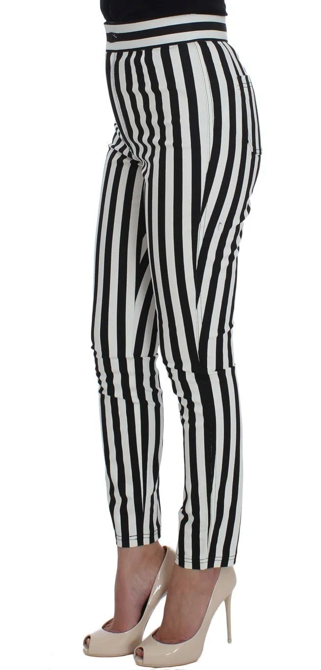 Black White Striped Cotton Stretch Jeans