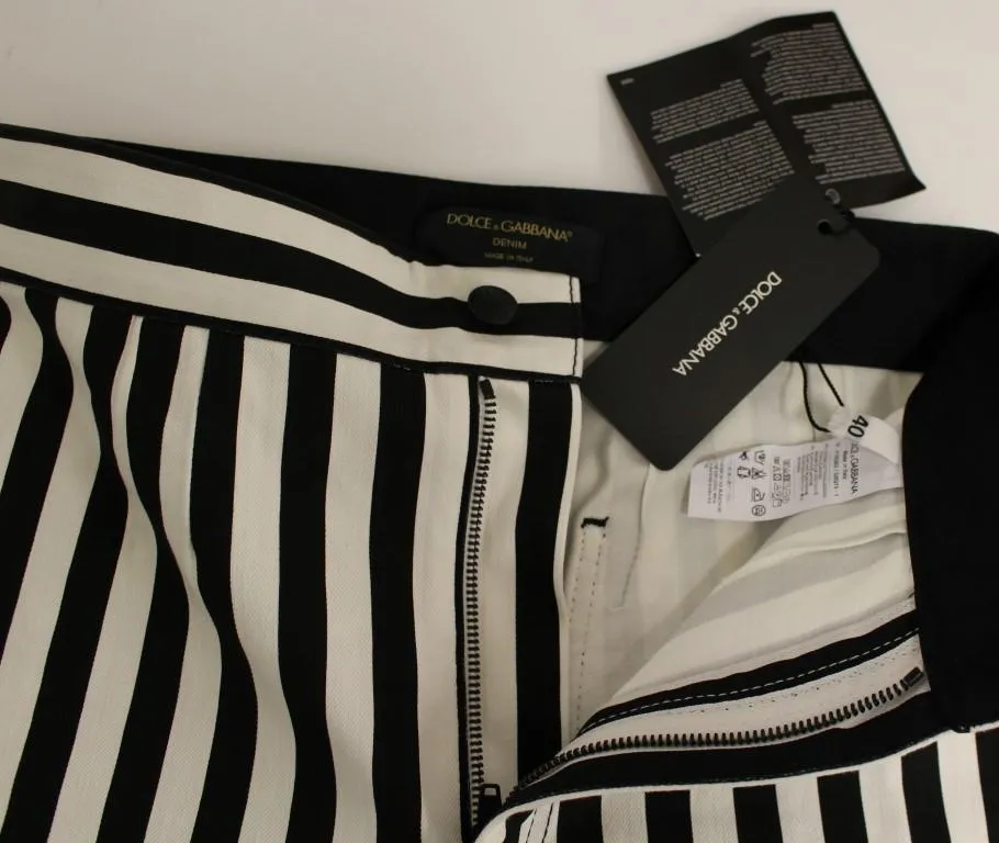 Black White Striped Cotton Stretch Jeans