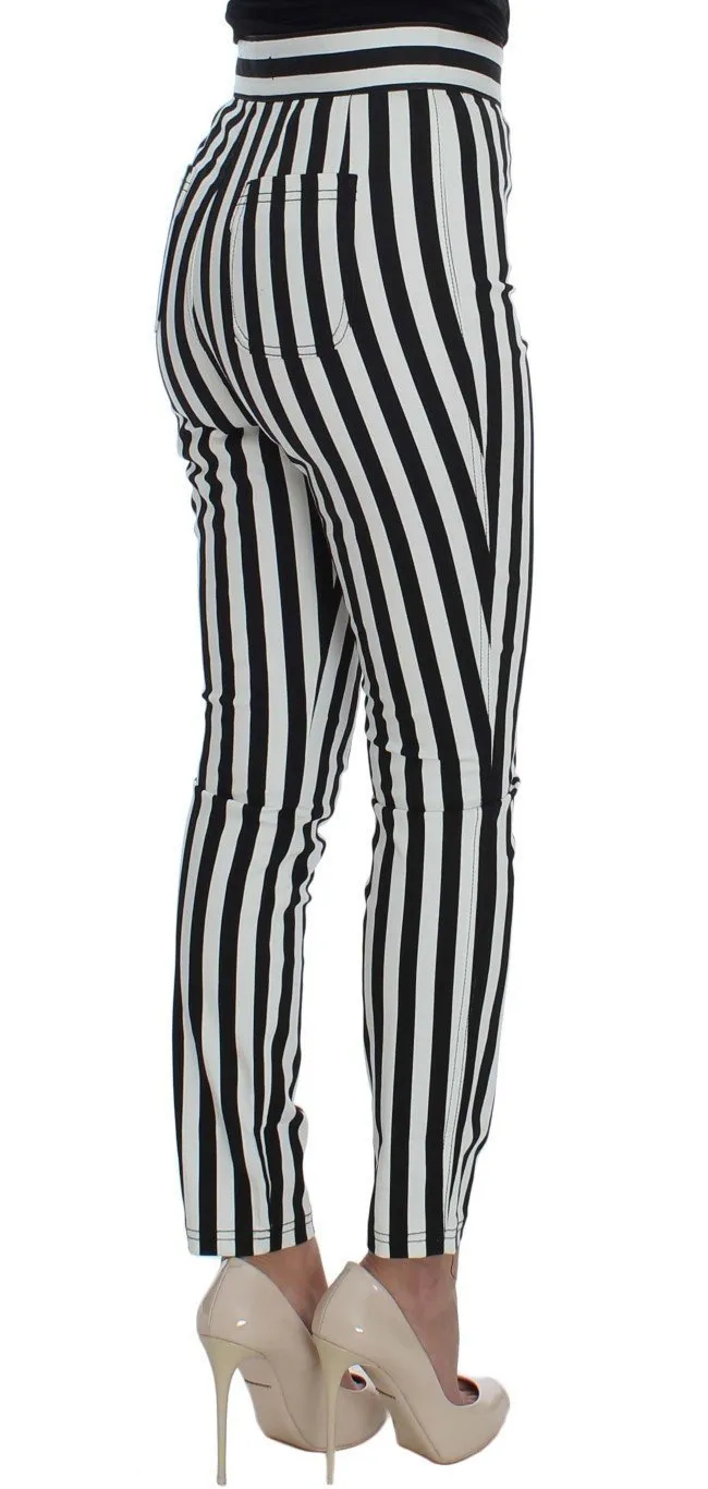 Black White Striped Cotton Stretch Jeans