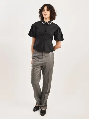 Black/Pearl Cropped Ruffle Puff Sleeve Shirt w/ Emb