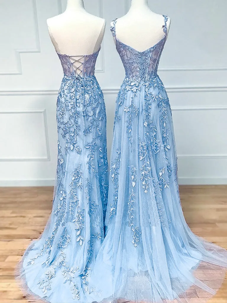 Blue Lace Tulle Long Prom Dress, Blue Lace Long Evening Dress