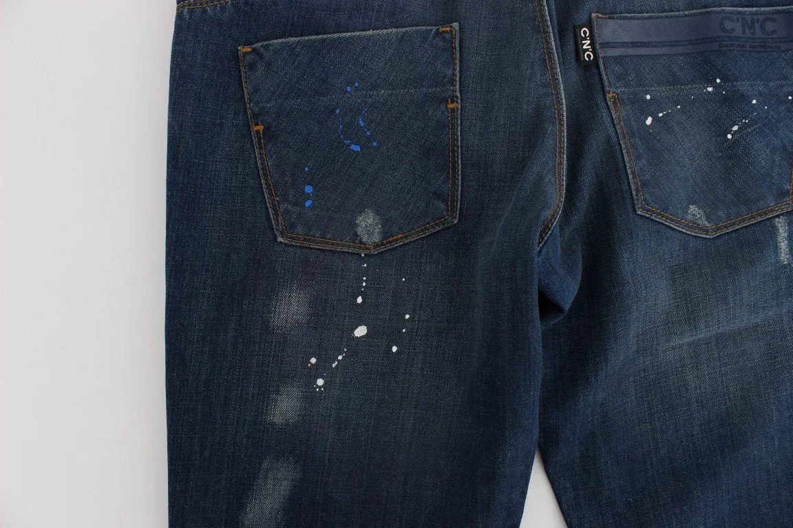 Blue Wash Paint Slim Fit Pants Jeans