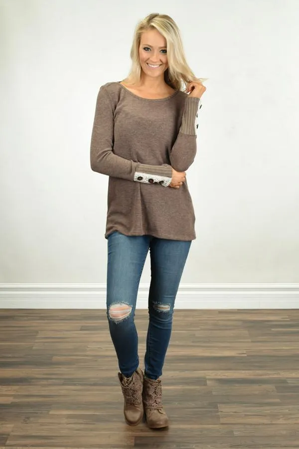 Button Sleeve Top ~ Mocha