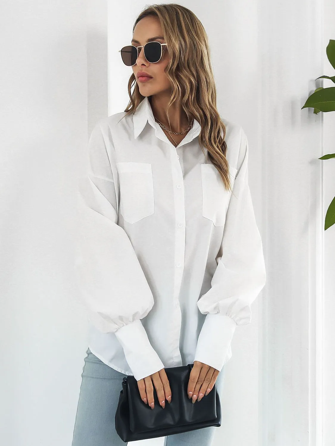 Caldon Button Up Dropped Shoulder Lantern Sleeve Shirt