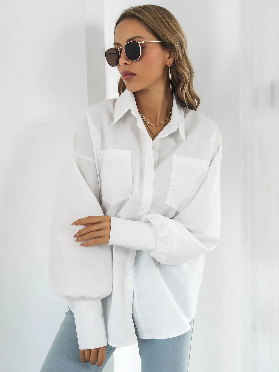 Caldon Button Up Dropped Shoulder Lantern Sleeve Shirt