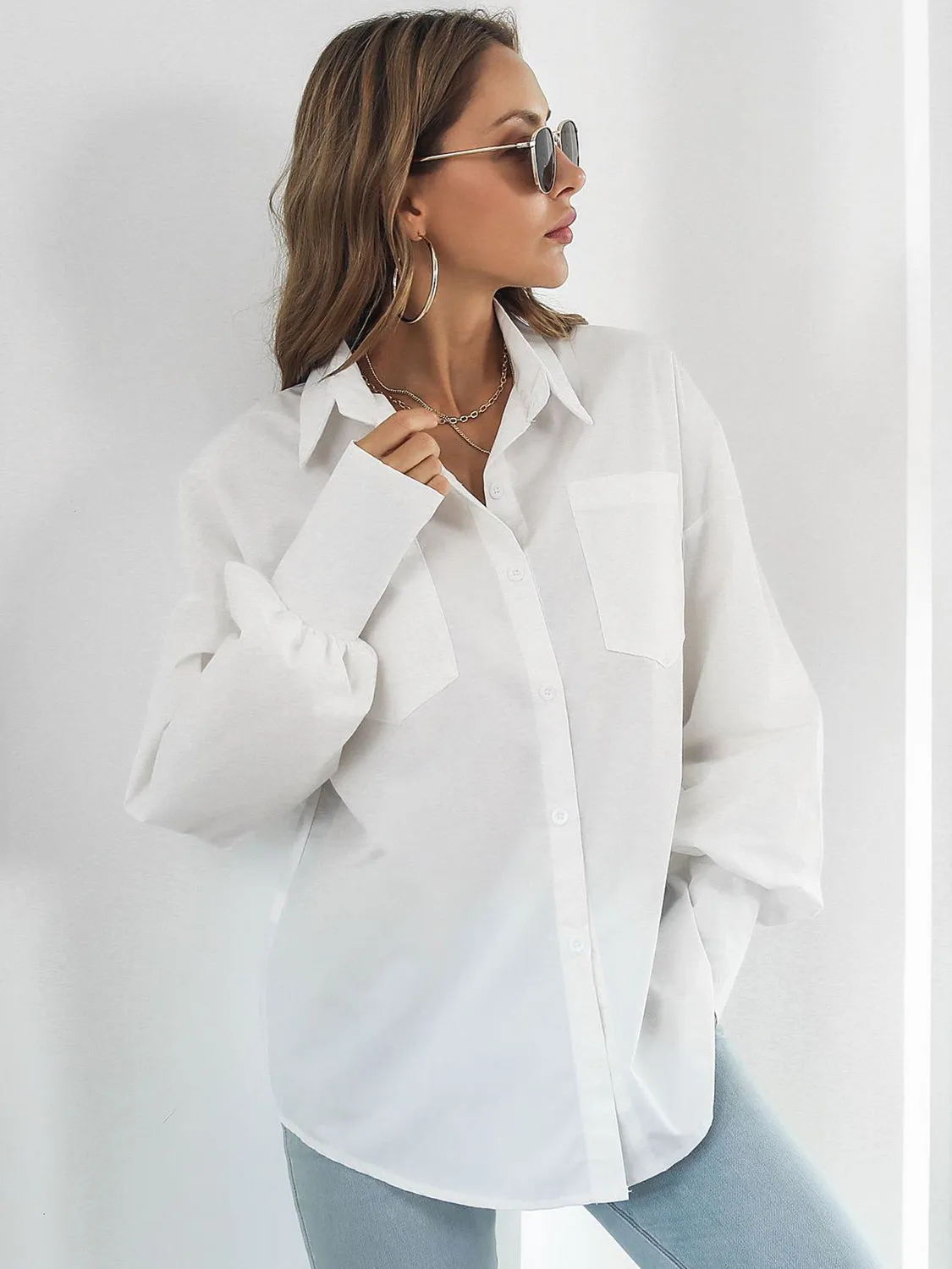 Caldon Button Up Dropped Shoulder Lantern Sleeve Shirt
