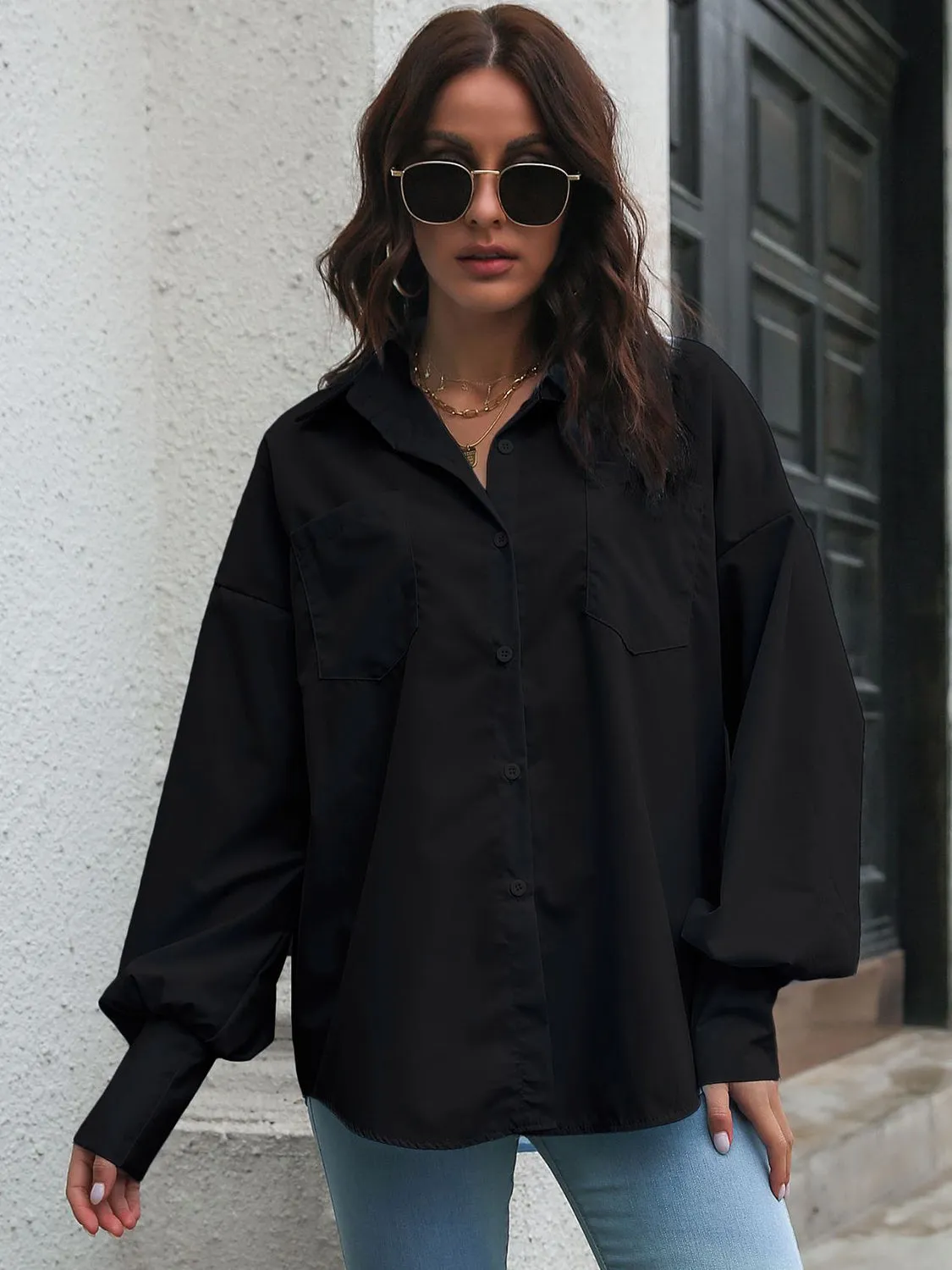 Caldon Button Up Dropped Shoulder Lantern Sleeve Shirt