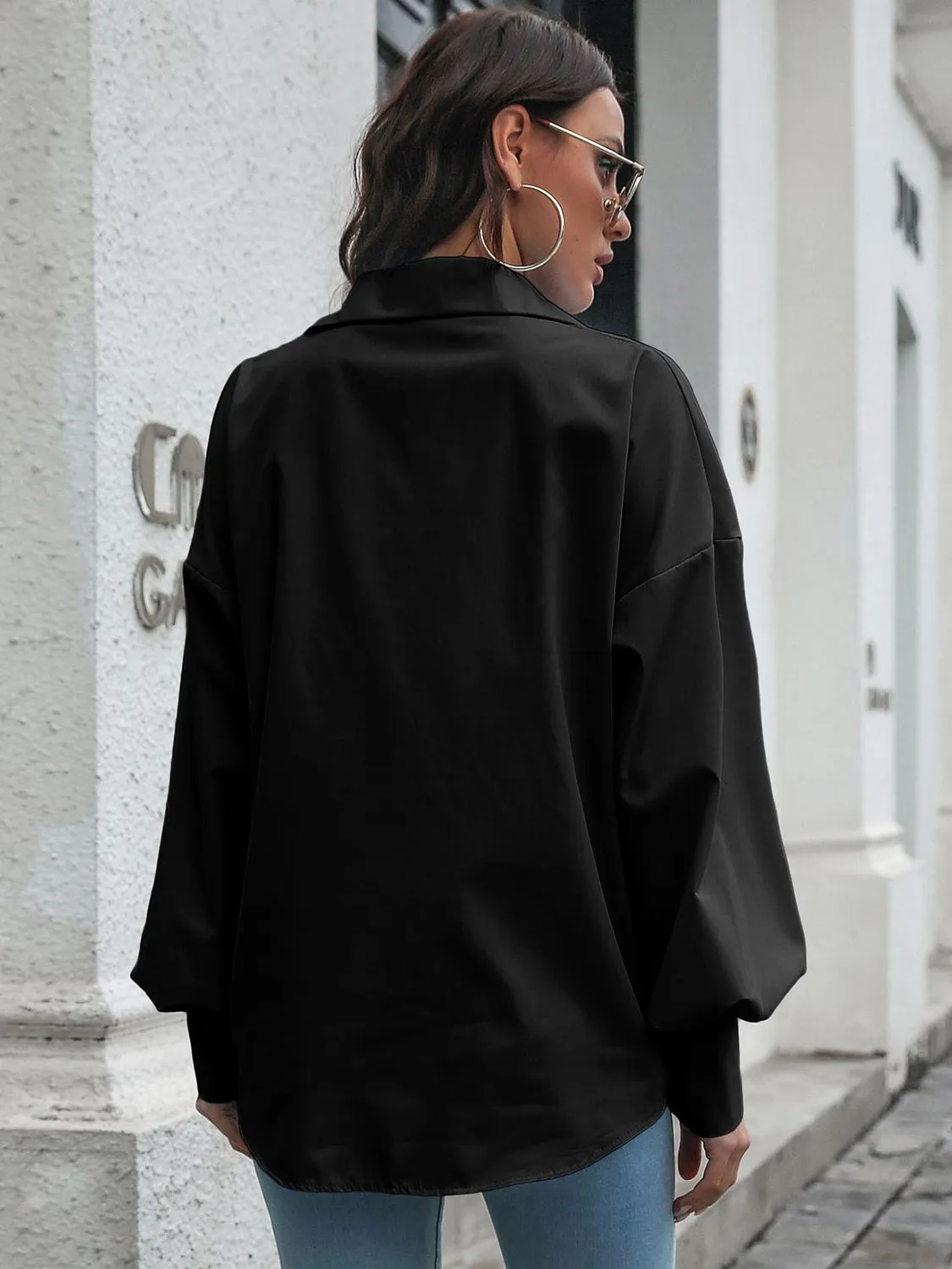Caldon Button Up Dropped Shoulder Lantern Sleeve Shirt