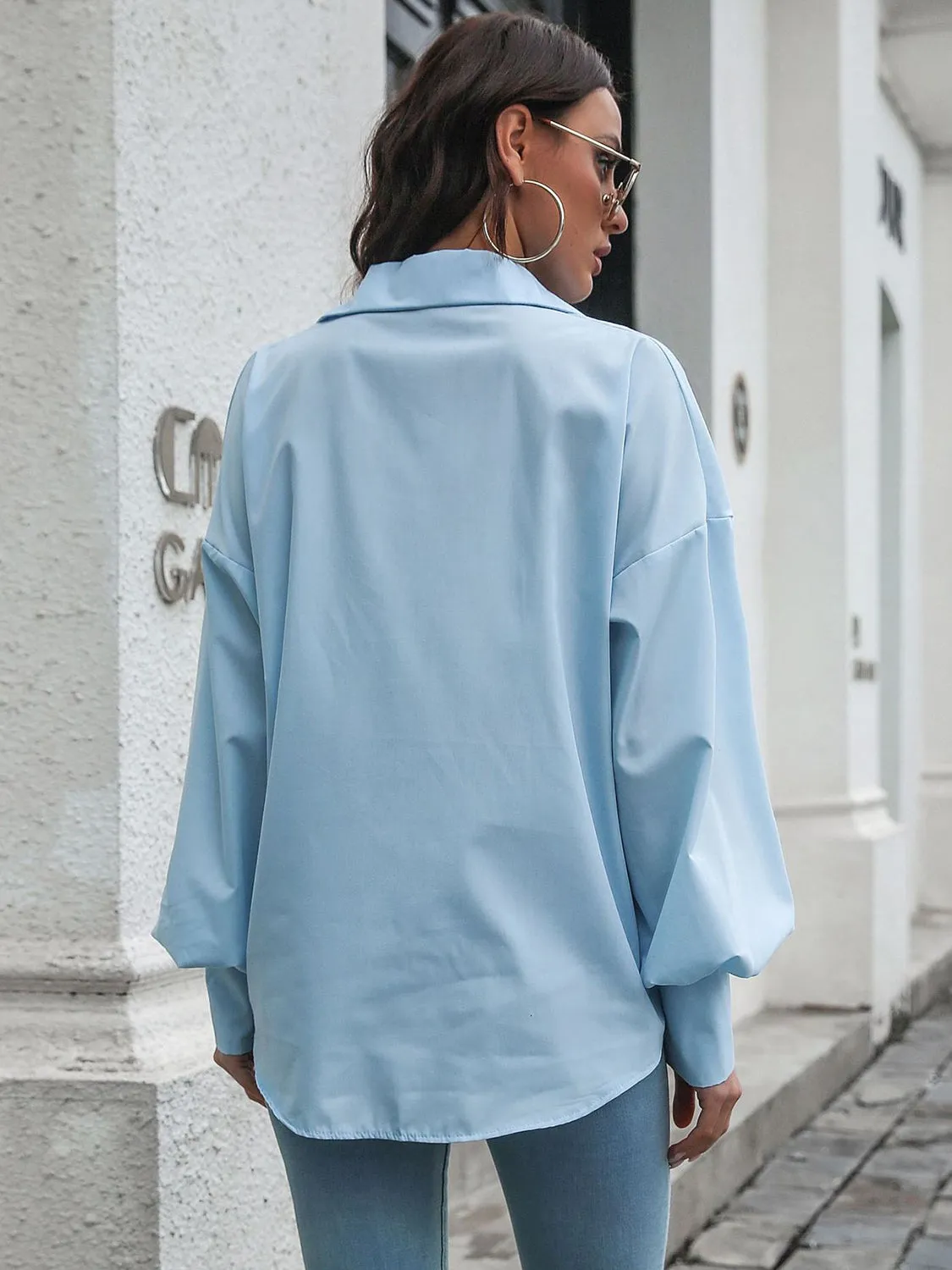 Caldon Button Up Dropped Shoulder Lantern Sleeve Shirt