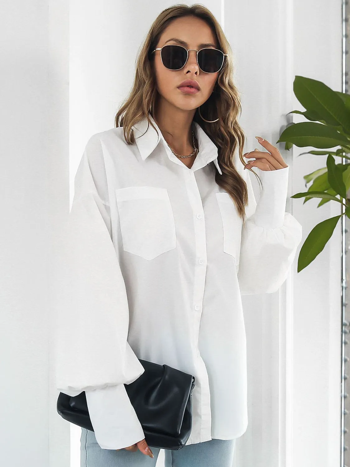 Caldon Button Up Dropped Shoulder Lantern Sleeve Shirt
