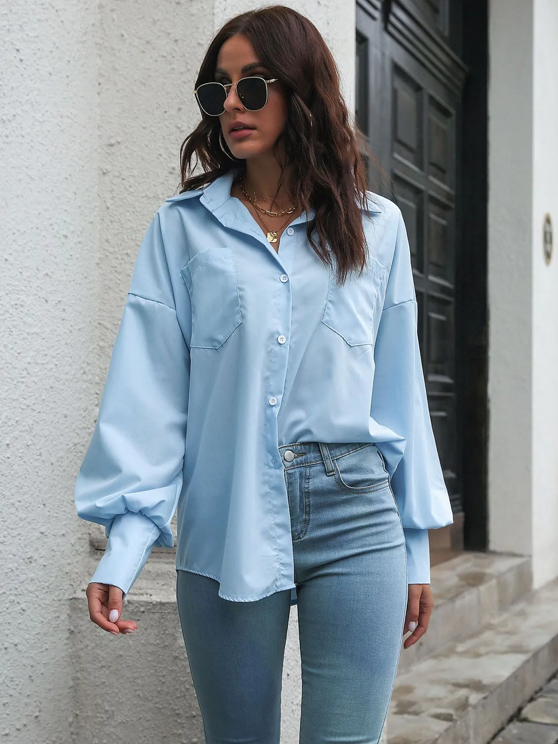 Caldon Button Up Dropped Shoulder Lantern Sleeve Shirt