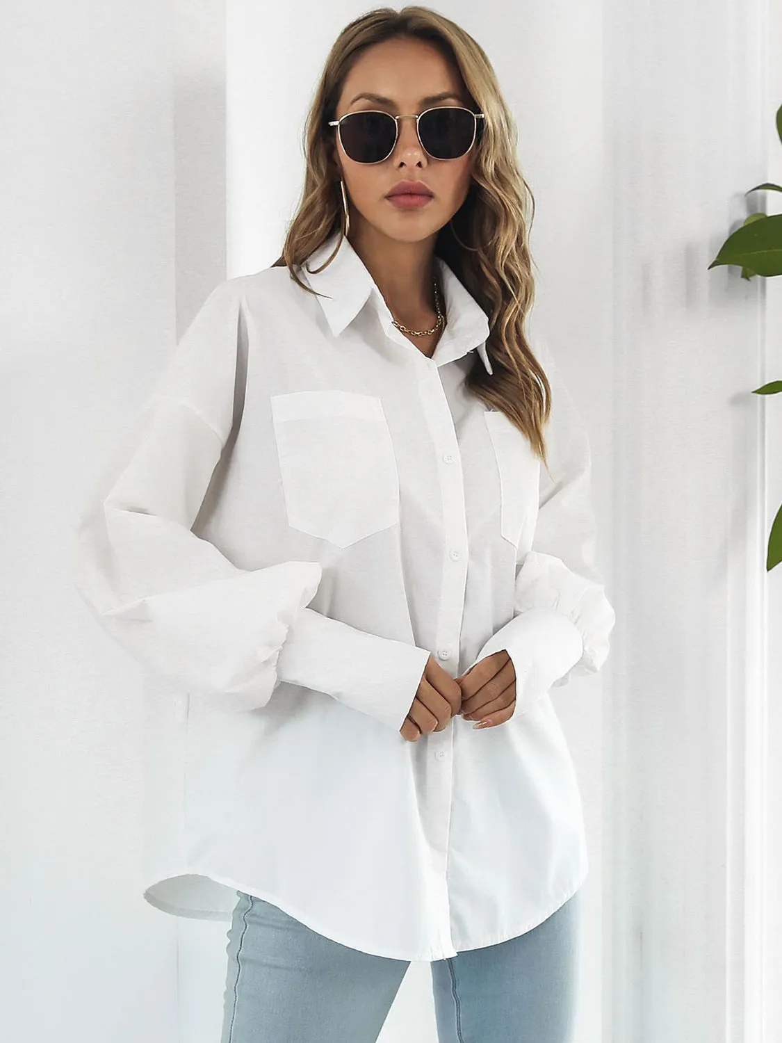 Caldon Button Up Dropped Shoulder Lantern Sleeve Shirt
