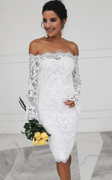 Casual Pencil Knee-length Lace Off-the-shoulder Long Sleeve Wedding Dress-716023