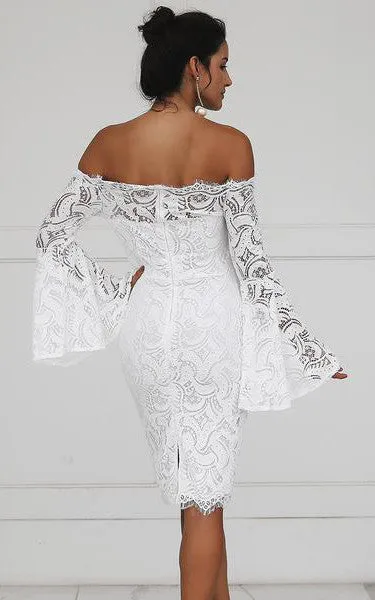 Casual Pencil Knee-length Lace Off-the-shoulder Long Sleeve Wedding Dress-716023