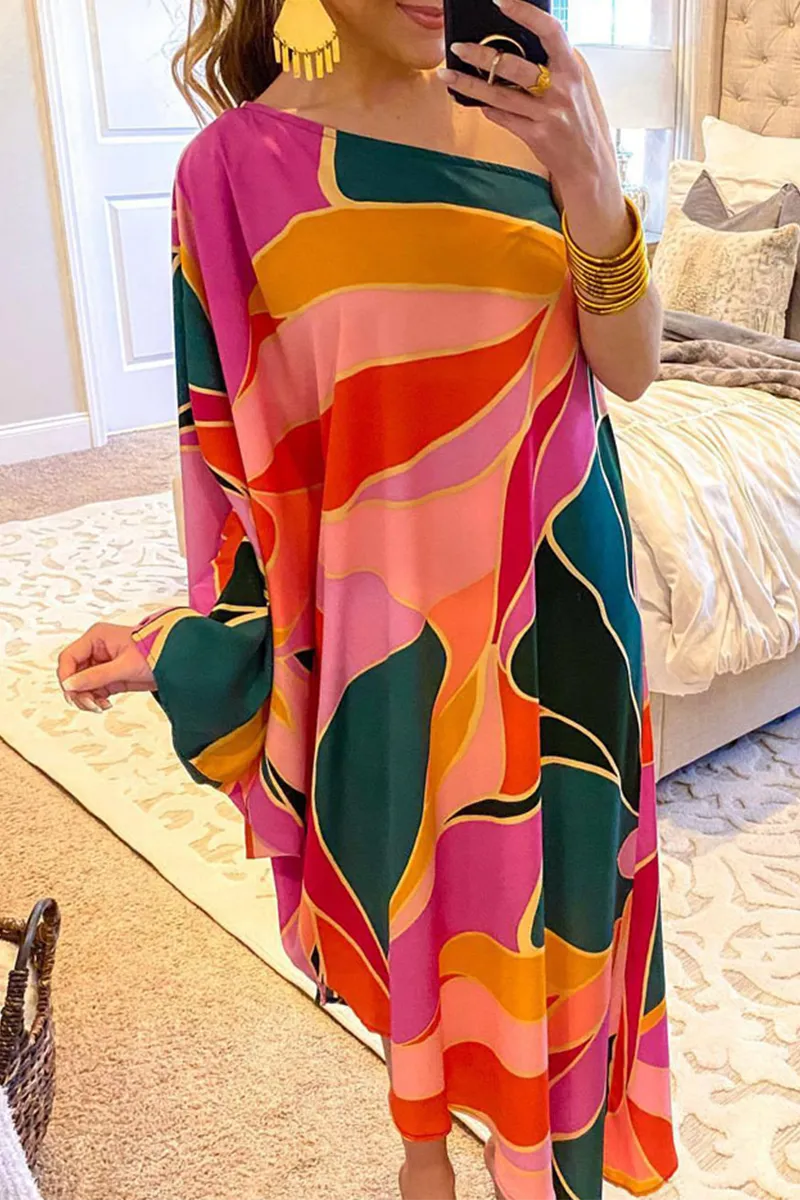 Casual Print Patchwork One Shoulder Straight Dresses