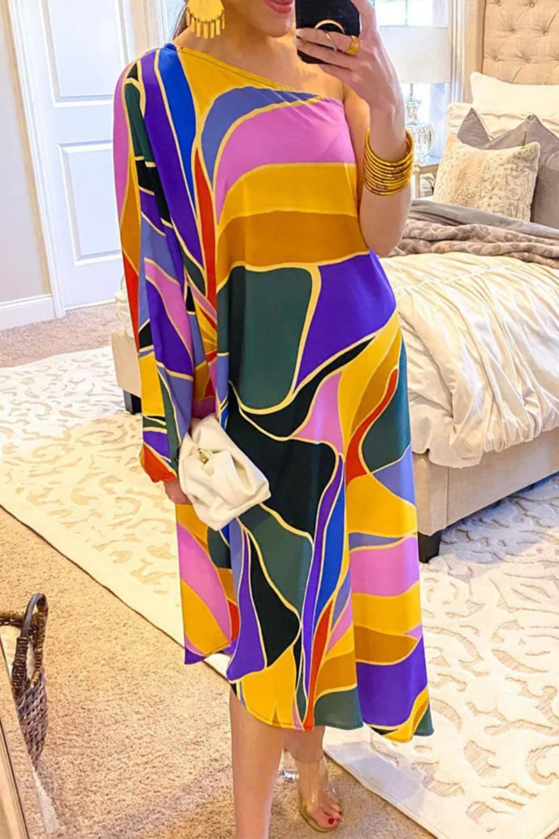 Casual Print Patchwork One Shoulder Straight Dresses
