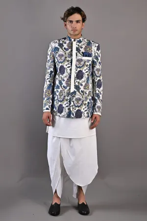 Cedar - Multi Blue Printed Bandhgala Jacket With Off White Kurta & Tulip Pant Set
