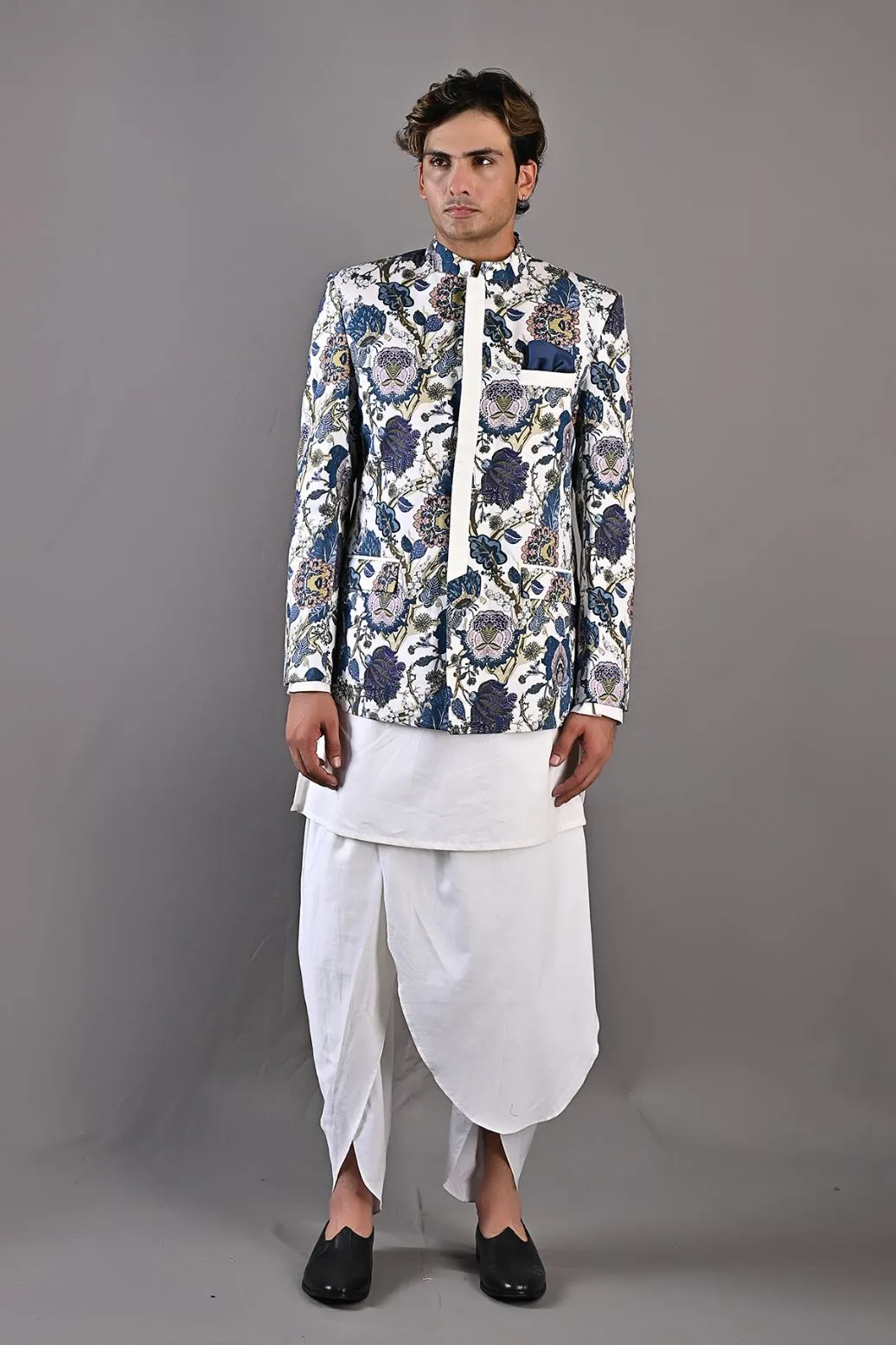 Cedar - Multi Blue Printed Bandhgala Jacket With Off White Kurta & Tulip Pant Set
